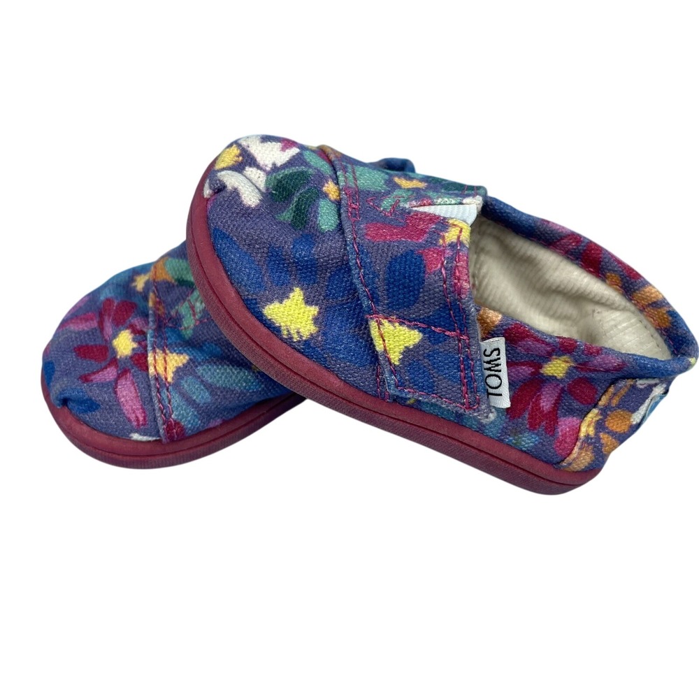 Toms Toddler Size T4 Daisy Floral Purple Canvas Alpargata Slip On Shoes